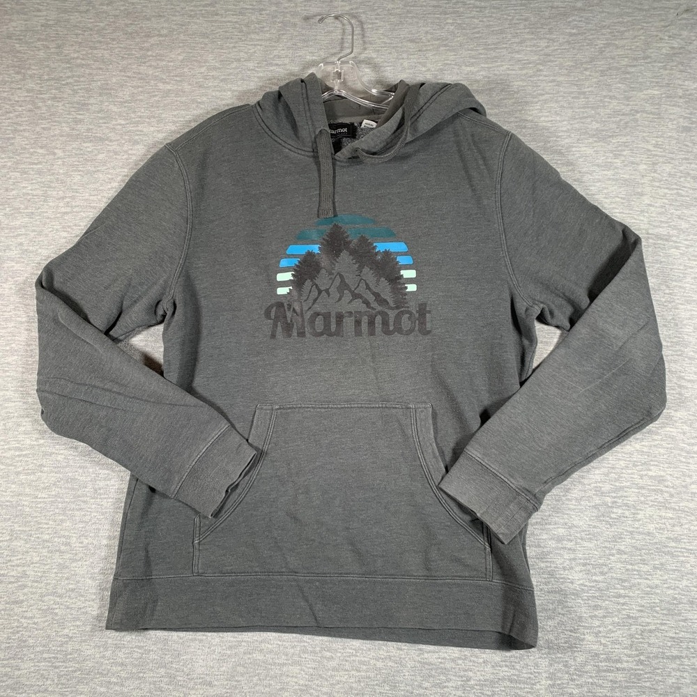 Marmot Hoodie Mens Medium Gray Pullover‎ Mountain Graphic Fleece Sweatshirt